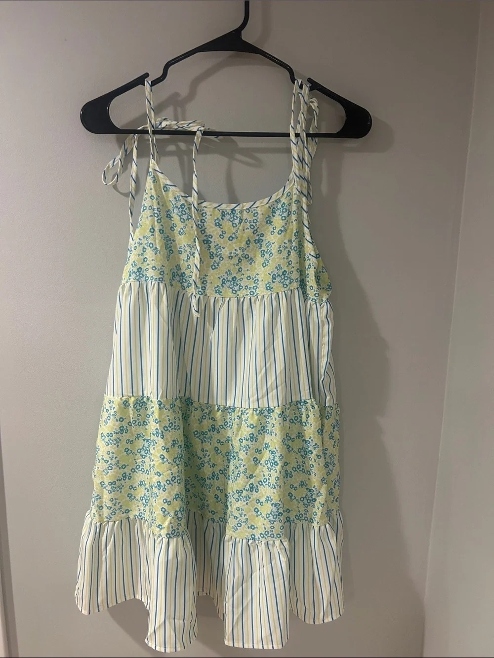 Women’s Yellow Floral & Blue Stripe Tiered Mini Dress